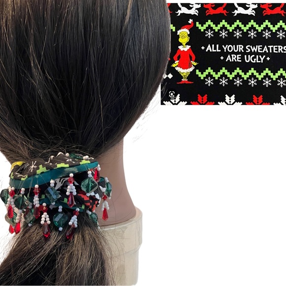 Christmas Grinch Scrunchie, Hair Accessory |Handmade Gift, Hair Tie, glass beads - Picture 3 of 14